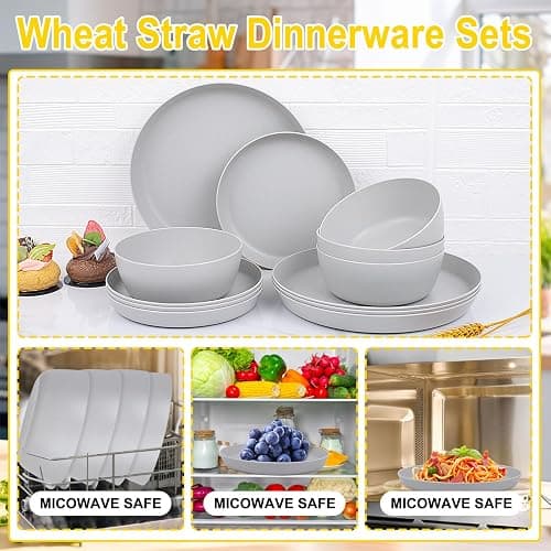 EI 12pcs Wheat Straw Dinnerware Set of 4,Plastic Plates Reuasble Unbreakable,Plastic Plates and Bowls Sets for Camping,Picninc,Family Dinner thumbnail 8