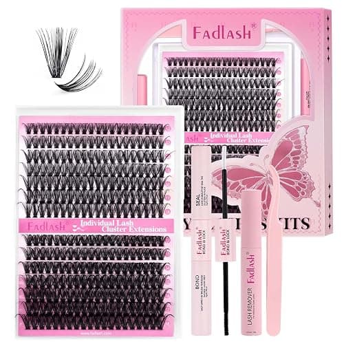 FADLASH Lash Extension DIY Kit Lash Clusters D Curl Cluster Lashes with Lash Bond and Seal Cluster Lashes Glue Remover Lash Tweezers for DIY Eyelash Extension at Home（Kit 40D+50D-0.07D-12-18MIX） - Image 1