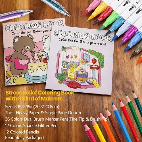 Cute Coloring Book Set for Teens Adults Relaxation, Easy and Simple Designs Coloring Book for Teens Girls, Stress Relief Gifts for Women with 36 Colors Markers & 12 Glitter Pens & 12 Colored Pencils thumbnail 7