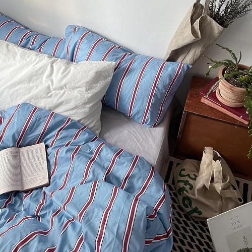 mixinni Vintage Striped Blue Duvet Cover Queen - 100% Cotton Red Stripes 3-Piece Bedding Duvet Cover Set with Zipper Closure, Soft & Breathable Retro Design for All Seasons (Queen Size) thumbnail 3