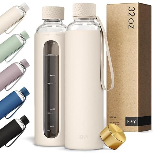 KIVY Glass Water Bottle with Silicone Sleeve 32 oz [WITH MEASUREMENT] - Borosilicate Glass Water Bottle Screw Top - Clear Bottles with Measurement Marking - Slim Waterbottle Aesthetic - Cream White - 32 Ounces - Cream White - Image 1