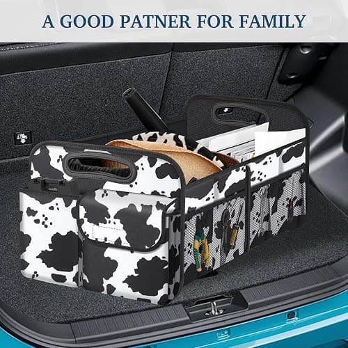 Femuar Car Trunk Organizer, Cow Print, Vintage Style, 52L Capacity, 4 Compartments, Waterproof, Non-Slip, Collapsible, 22.5"D x 18"W x 10.8"H thumbnail 7