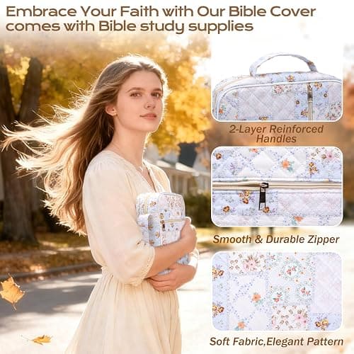 XKDOUS Bible Cover Case for Women Bible Bag w/Handle, Tabs, Study Supplies Journaling Kit Book Carrying Case Christian Gifts for Mom Lady Friends (Floral Patchwork) thumbnail 7