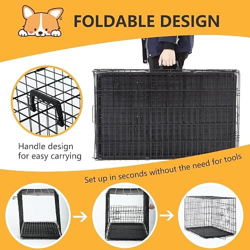 FDW | 36" Foldable Metal Dog Crate | Black | Cage for Medium Dogs | Heavy Duty, Portable Wire Kennel with Double Door, Divider & Leak-Proof Tray | For Training, Home, Travel Indoor/Outdoor Use thumbnail 6