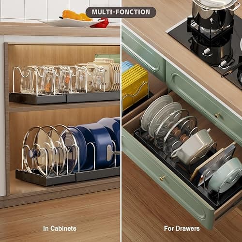 Magheo 2 Pack Expandable Food Storage Container Lid Organizers, 22" Pots and Pans Organizer Under Cabinet with 9 Adjustable Dividers Pot and Pan Lid Holders Rack Inside Cabinet(Black) thumbnail 4