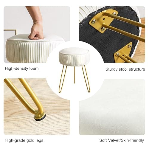 LUE BONA Pleated Vanity stool, Velvet Round Dressing Table Stool, Footrest Ottoman with Golden Steel Legs for Living Room, Bedroom, White thumbnail 7