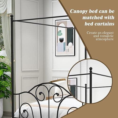 AUFANK Queen Size Four-Poster Metal Canopy Bed Frame with Headboard and Footboard Sturdy Slatted Structure No Box Spring Needed Black thumbnail 6