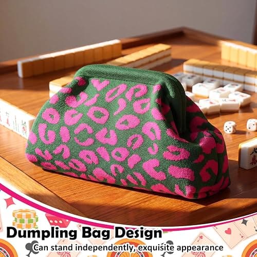 Sunnymove Mahjong Tile Bag Green Pink Leopard Print | Mahjong Woven Clutch Bag, Mahjong Storage, Woven Clutch for Vacation, Summer Beach Evening Purse for Women thumbnail 2