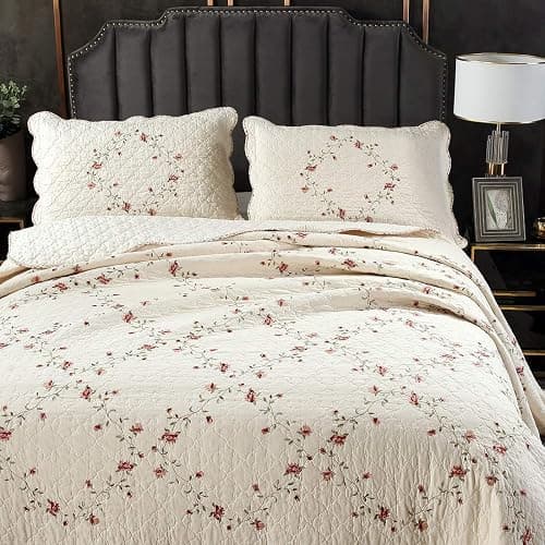 vctops 3-Piece Floral Embroidered Bedspread Coverlet Set Twin Size 100% Cotton Reversible Patchwork 1 Quilt and 2 Pillow Shams (Flower,Twin) thumbnail 3