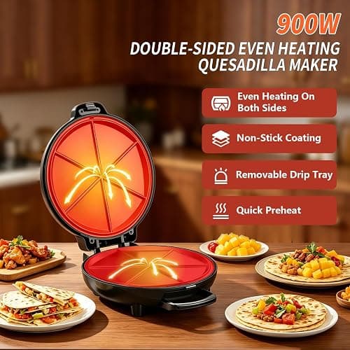 Quesadilla Maker 10 Inch, 900W Dual Heating, 6 Wedges in 3 Mins, Nonstick Plates Easy to Clean, Locking Latch, Safe & Steady, Black thumbnail 4