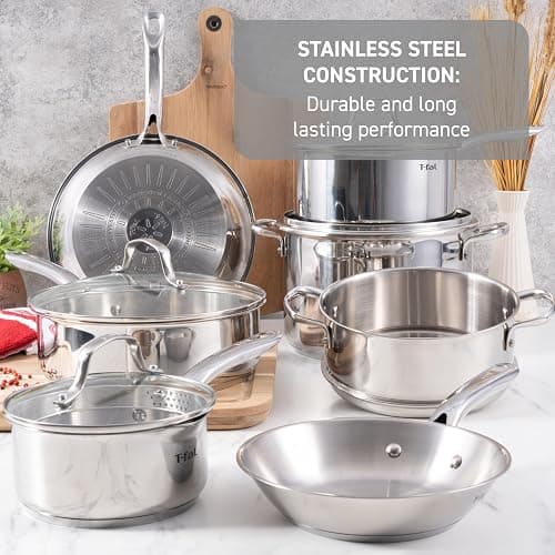 T-fal Stainless Steel Cookware Set, 11 Piece, Induction Cookware, Oven Safe to 500°F, Kitchen Cooking Set w/Fry Pans, Pots and Pans, Dutch Oven, Saucepans, Kitchen Essentials, Silver thumbnail 3