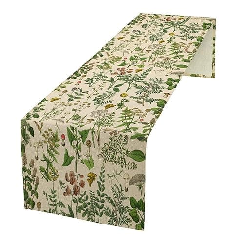Vintage Botanical Mushroom Table Runner Wild Floral Retro Boho Plants Herbs Ferns Dinner Runner for Farmhouse Cabin Home Kitchen Dining Holiday Party Decor 13x108in - W13"x L108" - M Green-5