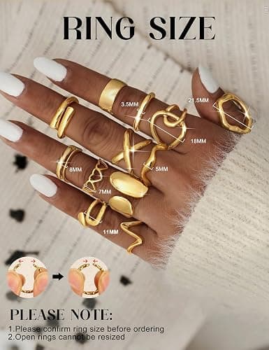 Sanfenly 12 PCS Chunky Gold Rings for Women Non Tarnish 18K Gold Plated Adjustable Statement Ring Knuckle Thumb Stackable Open Rings Set Fashion Jewelry Gifts thumbnail 4