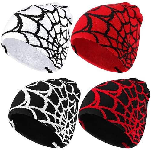 Jeyiour 4 Pcs Y2k Beanies Spider Web Pattern Beanie Gothic Acrylic Knitted Hat Casual Streetwear Outdoor for Men Women - Image 1