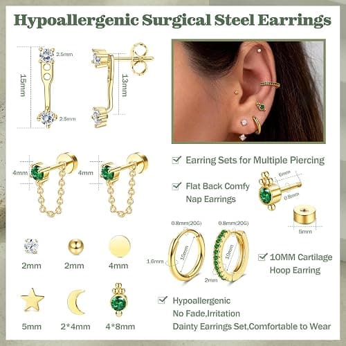 Hypoallergenic Flat Back Earrings for Women-Cartilage Earring Sets for Multiple Piercing 20G Surgical Stainless Steel Earring Stacks Small Hoop Flatback Stud Earrings thumbnail 4