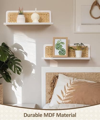 Maxpeuvon Rattan Floating Shelves, Boho Cane Webbing Wall Shelves Farmhouse Display Storage Organizer White Bookshelves Wicker Room Decor for Living Room Bedroom Entryway Hallway Bathroom, Set of 2 thumbnail 4