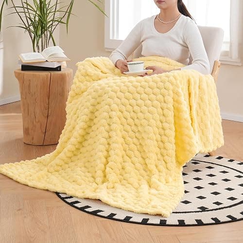 Vessia Flannel Fleece Throw Blanket, 3D Jacquard Light Yellow Fuzzy and Warm Blanket for Couch, Sofa, Bed, 300GSM Super Soft Touch Cozy Home Decor for All Seasons (50x70 inches) thumbnail 3