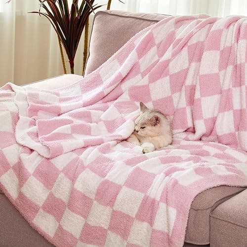 Cozzenity Checkered Throw Blanket, Pink Soft Cozy Fluffy Knitted Throw Blankets for Couch, Sofa, Bed, Chair, Warm Fuzzy Travel Picnic Lightweight Plaid Blanket, 50x70 inches thumbnail 5