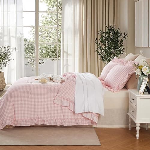 Gingham Ruffle Comforter Set Queen - 3 Piece Pink Checkered Bedding Set - Aesthetic Cottagecore Ruffled Farmhouse Comforter with 2 Pillow Shams - Soft, Lightweight All Season Bedding (90"x90") thumbnail 4