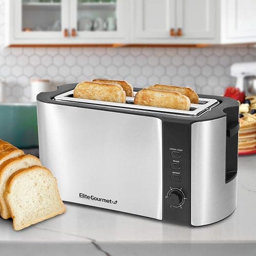 Elite Gourmet ECT-3100 Long Slot 4 Slice Toaster, Reheat, 6 Toast Settings, Defrost, Cancel Functions, Built-in Warming Rack, Extra Wide Slots for Bagels & Waffles, Stainless Steel & Black thumbnail 2