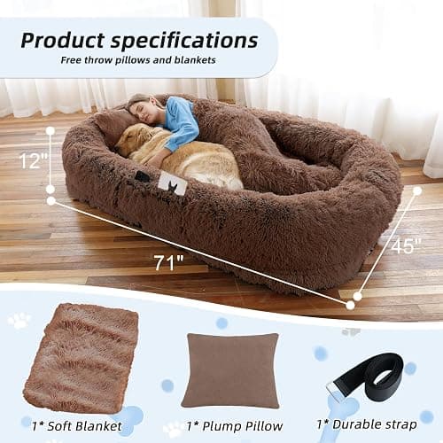 Human Dog Bed, 71''x45''x12'' Size Fits You and Pets, Washable Faux Fur Pet Bed for People Doze Off, Napping Orthopedic Dog Bed, Present Plump Pillow, Blanket, Strap - Coffee thumbnail 5