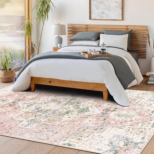 DELISEPT 5x7 Washable Area Rugs for Bedroom Girls Soft Boho Vintage Floor Carpet Non-Slip Oriental Pink Rug for Bedside Nursery Living Room Dinning Room, Light Green and Pink Rug - 5' x 7' (Rectangular) - Pink and Green thumbnail 3
