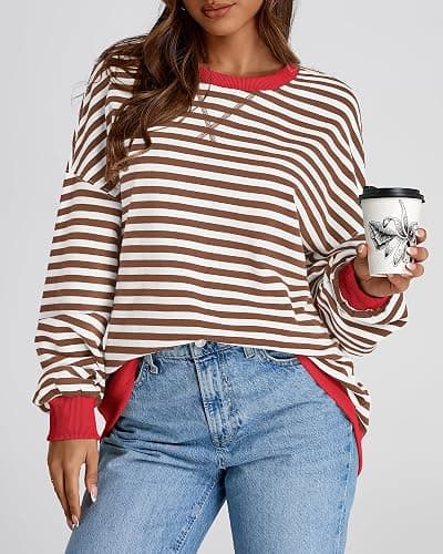 BTFBM Womens Oversized Striped Sweatshirt 2026 Spring Crewneck Long Sleeve Pullover Top Casual Y2K Clothes Workout Shirt thumbnail 6