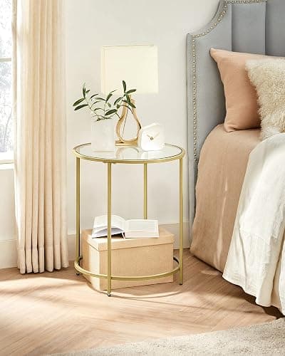 VASAGLE Round Side Table, Glass End Table with Metal Frame, Gold Coffee Table with Modern Style, for Living Room, Balcony, Bedroom, Gold Color thumbnail 4