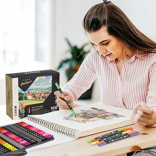 ZSCM 100 Colors Markers for Adult Coloring Books No Bleeding - Duo Tip Brush Pen, Artist Fine & Brush Coloring Markers for Adult Calligraphy, Drawing, Sketching & Journaling thumbnail 7