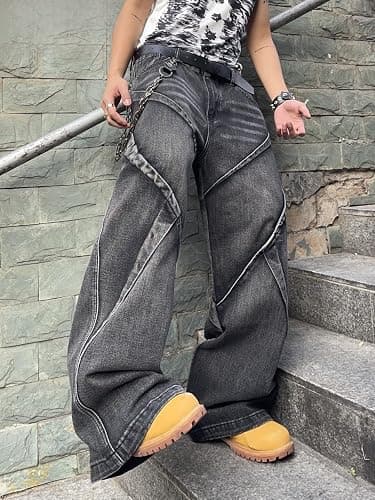 DFGIGT Mens Baggy Jeans Patchwork Y2k Hip Hop Wide Leg Denim Pants Casual Loose Fit Trousers Streetwear thumbnail 2