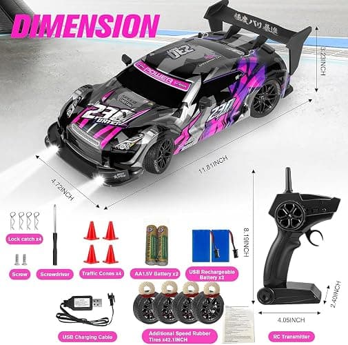 PANKQQ RC Drift Car, 1:16 Scale Drifting RC Cars, 2.4GHz 4WD RC Race Car, 40km/h High-Speed Remote Control Drift Car Vehicle, Racing Sport Toy Ideal Gift for Boys Girls Kids-2 USB Batteries (Purple) thumbnail 4