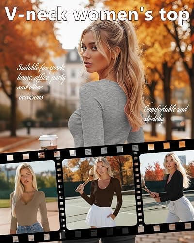 Yearntown 5 Pack Women's Long Sleeve Shirts, V Neck Knit Slim Fitted Tops Basic Solid Casual Tees Fall Winter Tight T Shirts thumbnail 2