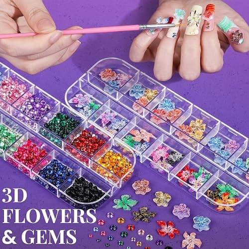 FANDAMEI Nail Art Brushes, Nail Art Kit with 15 Pcs Nail Art Brush, 5 Pcs Dotting Tools, 6 Box Nail Charms and Gems, 10 Sheet Flower Nail Stickers, Complete Nail Decoration Art with Nail Art Brushes thumbnail 2