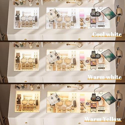 INNOD 40" Vanity Desk with Large Mirror and Lights, Modern Glass Top Makeup Vanity Set with Power Outlet, Drawers and Cabinet, 3 Lighting Color Adjustable Dressing Table for Bedroom,White thumbnail 8