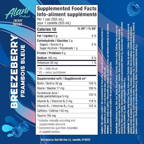 Alani Nu BREEZEBERRY Sugar Free, Low Calorie Energy Drinks | 140mg Caffeine | Pre Workout Performance with Antioxidants | Biotin B Vitamins | Zero Sugar | 10 Calories | 355mL (12 Pack) thumbnail 2