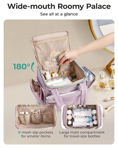 BAGSMART Toiletry Bag Large Roomy Makeup Bag, Portable Makeup Bag with Handle for Travel-Sized Shampoo, Conditioner & Brushes Set, Pink thumbnail 4