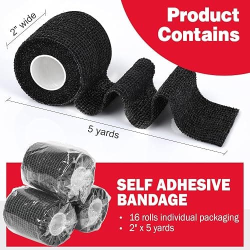 AZEN 16 Pack Self Adhesive Bandage Wrap Black, 2" X 5 Yards Black Athletic Tape, Vet Wrap, Tattoo Grip Tape Wrap，Ankle Tape, Cohesive Bandage Wrap thumbnail 2