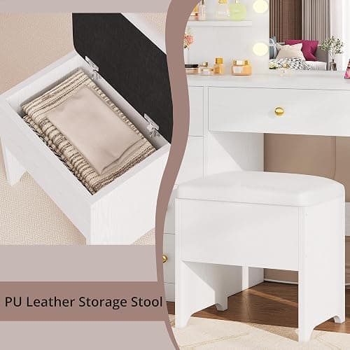 IRONCK Vanity Desk with Mirror and Lights, Small Makeup Vanity Table with 5 Drawers, Power Outlet, and Vanity Stool, 3 Lighting Colors, Dressing Table for Women Girls Bedroom, White thumbnail 9