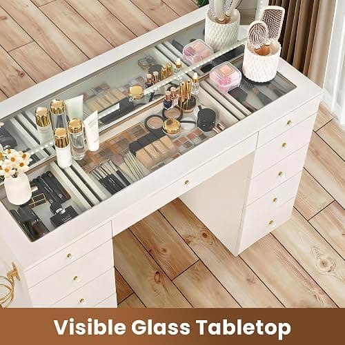 Pamapic Glass Top Vanity Desk with Crystal Handles and 11 Drawers, Makeup Vanity with Mirror and Lights, 3 Lighting Modes Dressing Table, Power Outlet, Silent Slides, White thumbnail 3