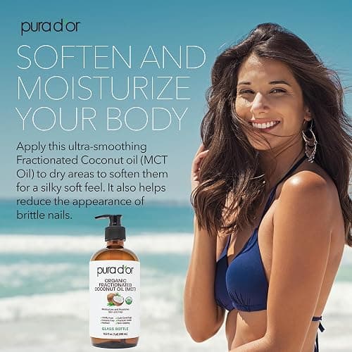 PURA D'OR 16.9 Oz ORGANIC Fractionated Coconut Oil (GLASS BOTTLE) USDA Certified MCT Oil – Therapeutic, Lightweight Moisturizer – Hexane Free Carrier Oil For Essential Oils, Massage – Face, Hair, Body thumbnail 4