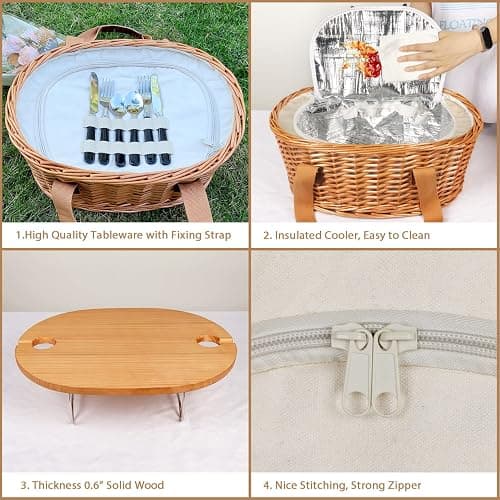 Hap Tim Wicker Picnic Basket Set for 2 with Mini Folding Wine Picnic Table & Large Insulated Cooler Bag & Cutlery Service Kits for 2 Person, Couples Gifts, Wedding Gifts (Y2209-2-CM) - 2 person - Cream White thumbnail 4