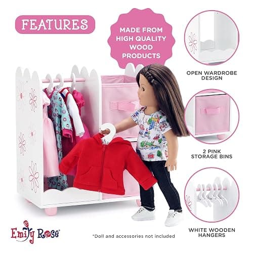 Emily Rose 18 Inch Doll Wardrobe Closet Organizer - Open Storage Armoire with Hangers & Bins - Wooden Furniture for American Girl Dolls - Floral Design thumbnail 5
