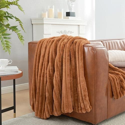 Amélie Home Faux Fur Throw Blanket for Couch, Cozy Fuzzy Fluffy Fur Luxurious Soft Striped Plush Gift Blankets for Family Sofa Chair Bedroom, 55"x70", Orange Brown thumbnail 6