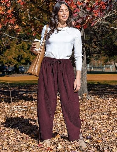 TARSE Womens Corduroy Baggy Harem Pants | Casual Loose Fit Wide Leg Pants, Elastic Waist Baggy Barrel Trousers, Side Pockets, Lounge Soft warm thumbnail 4