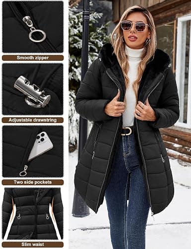 Wiepux Women's Winter Fleece Lined Down Jacket Windproof Fur Warm Fit Down Jacket - Long Ski Coat for Commuting thumbnail 4