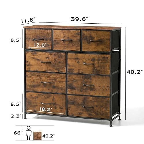 WLIVE Tall Dresser for Bedroom, 9 Drawer Chest of Drawers, Rustic Brown | 9 roomy fabric drawers, Tall storage design, Bedroom or closet use, Sturdy steel frame, Smooth wood tabletop thumbnail 3