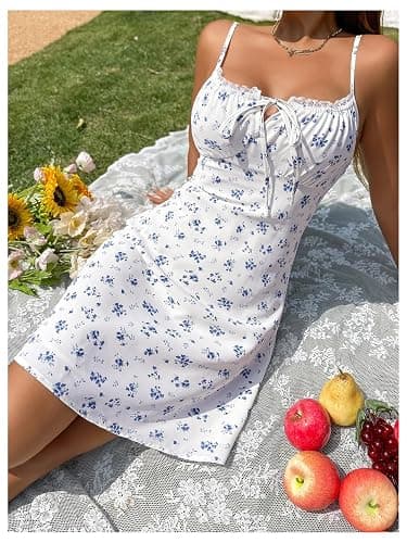 Floerns Women's Floral Print Tie Front Sleeveless Ruched Bust Boho Cami Dress thumbnail 4