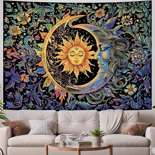 Sun and Moon Tapestry Psychedelic Mystic Floral Tapestry Hippie Boho Flower Plants Wall Tapestries Vintage Aesthetic Tapestries Wall Hanging for Bedroom thumbnail 3