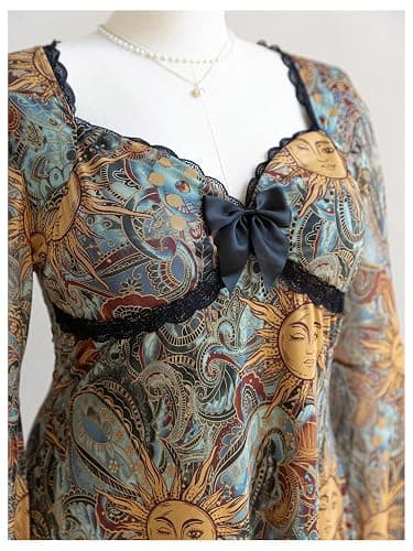 BEAUDRM Women's Y2k Plus Size Hippie Vintage Boho Dress Leopard Bell Long Sleeve V Neck Bow Mesh Fall Mini Dresses thumbnail 4