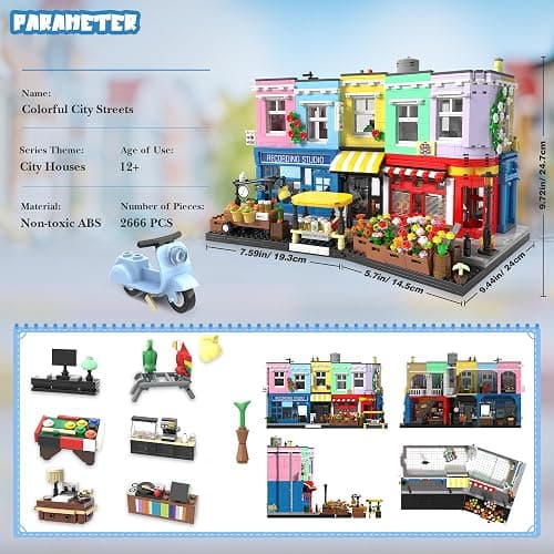 Colorful City Market Building Block Set, London Architecture Main Street Building set with Recording Studio, Coffee Shop, Bakery & Flower Shop, Mini Street Scene Building Block for Adults, 2666Pcs thumbnail 6